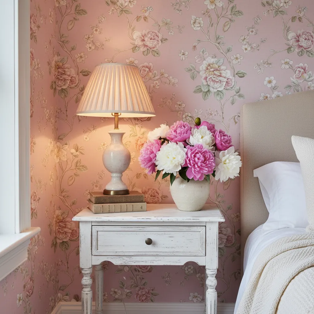 Soft pink floral wallpaper in a cottagecore style bedroom with vintage furniture and natural lighting
