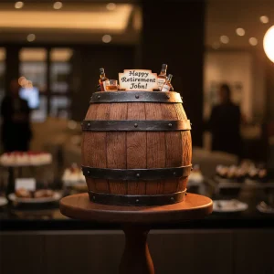 A sophisticated whiskey barrel retirement cake with realistic wood grain fondant texture on a wooden stand.