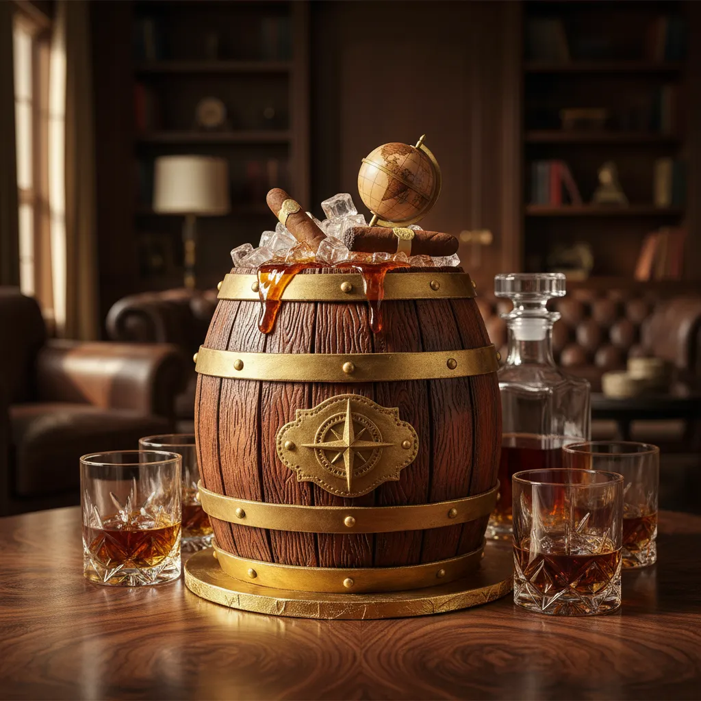 Elegant vintage whiskey barrel cake on a wooden table for a men