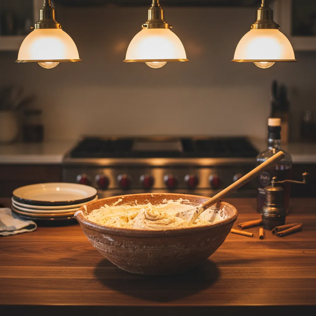 Rustic kitchen counter with ambient lighting and baking tools