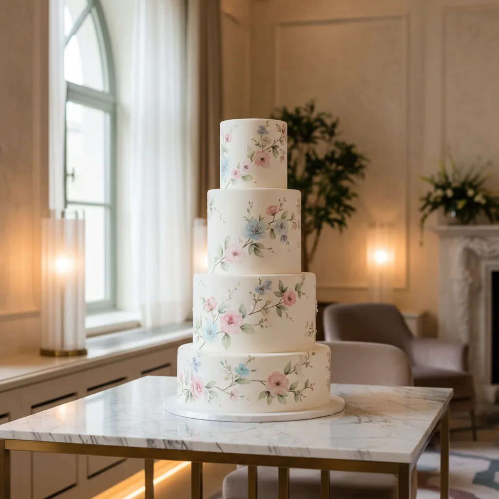 Elegant spring cake featuring hand-painted watercolor fondant floral designs on a marble table