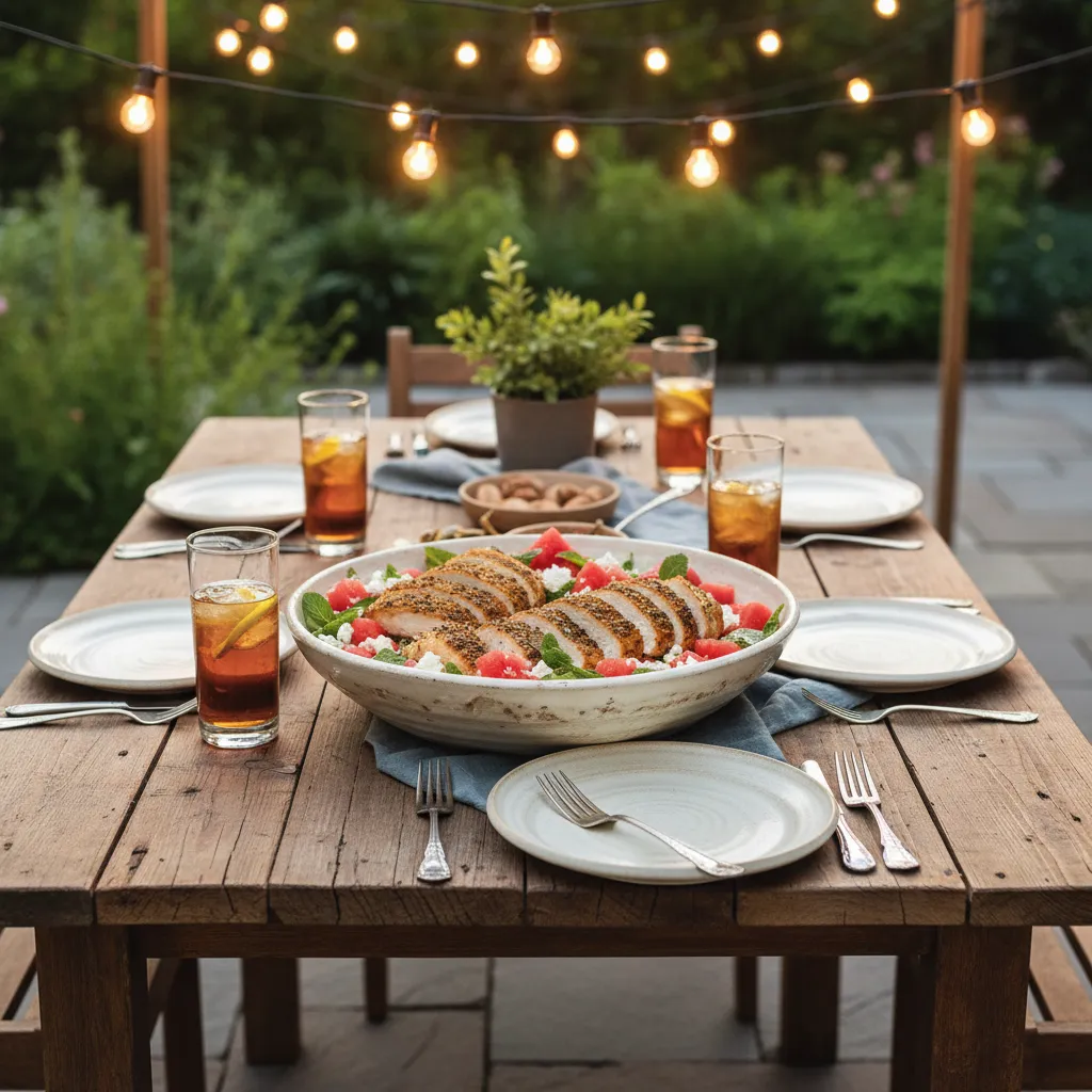 Watermelon feta and herb crusted chicken salad on a rustic wooden table