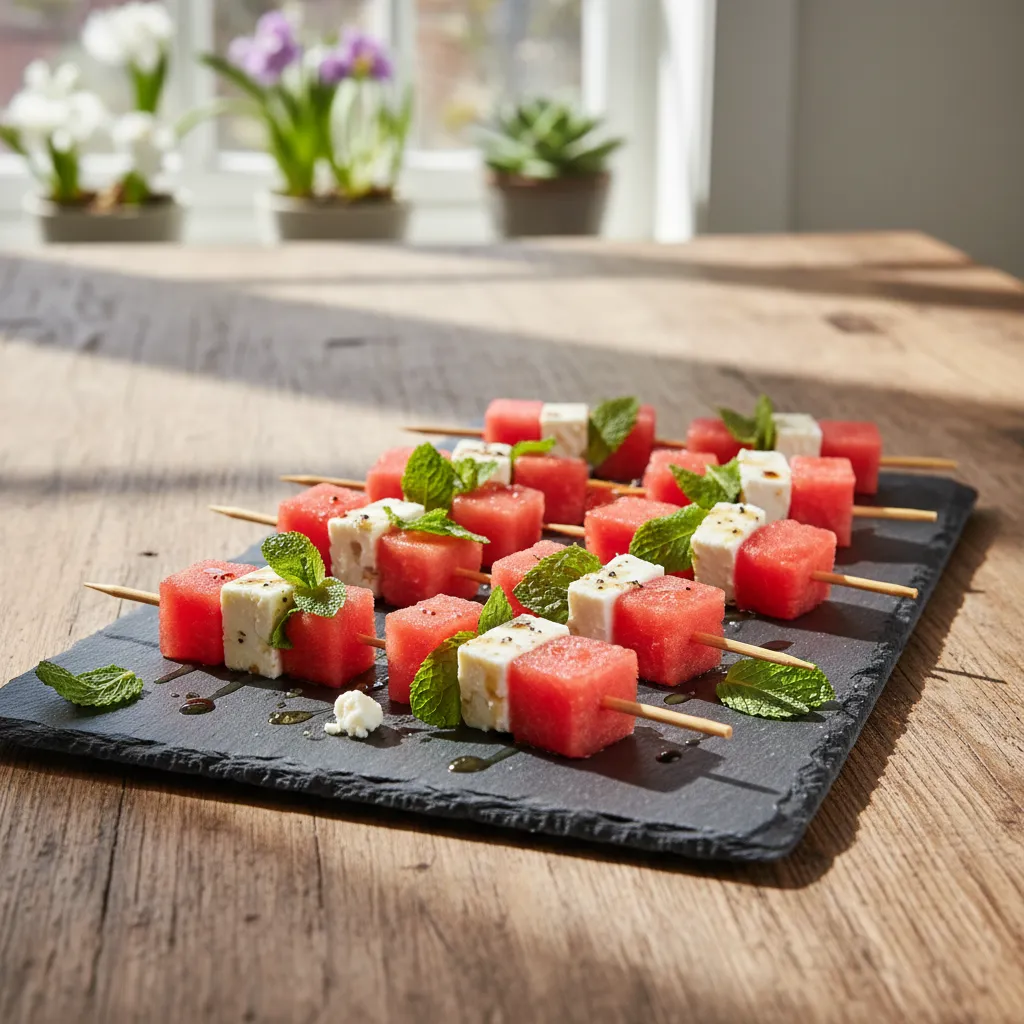 Chilled watermelon and feta skewers with fresh mint served on a sleek slate platter