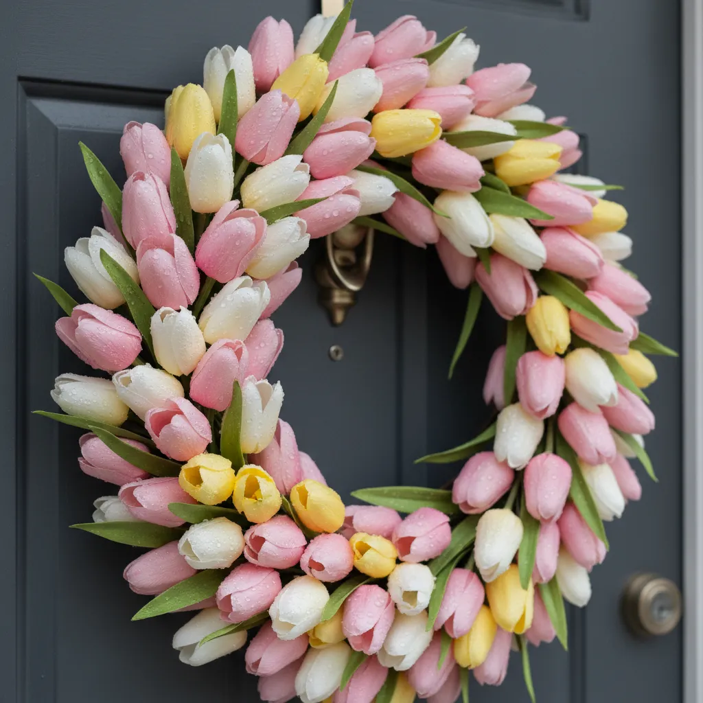 Realistic polymer tulip wreath with rain droplets on a modern grey front door