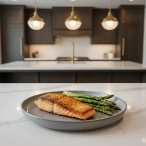 A gourmet plate of pan-seared salmon and blistered asparagus on a quartz kitchen countertop under warm lighting.