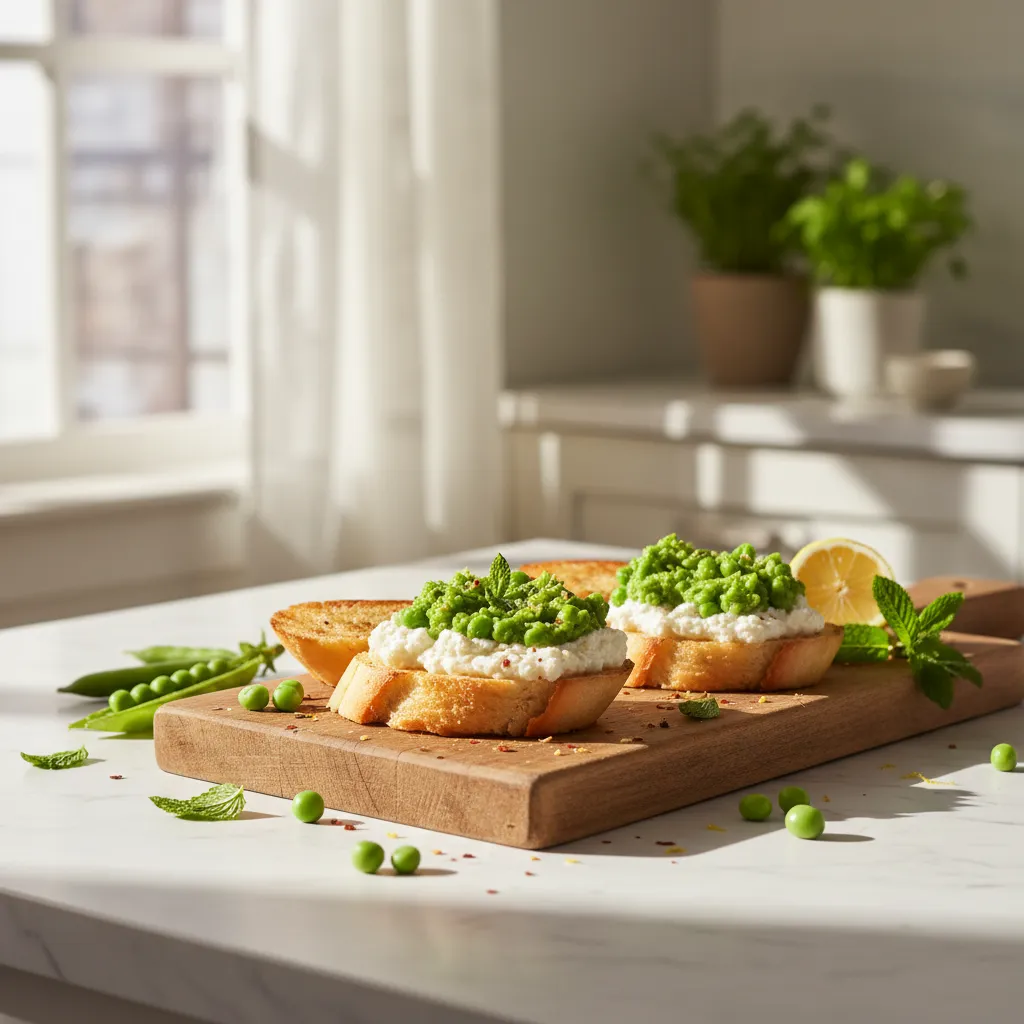 Bright green spring pea and whipped ricotta crostini on a wooden serving board
