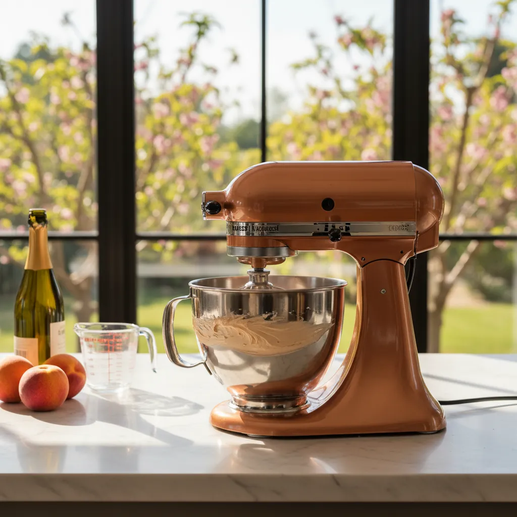 Copper stand mixer blending smooth buttercream in a sunlit modern kitchen