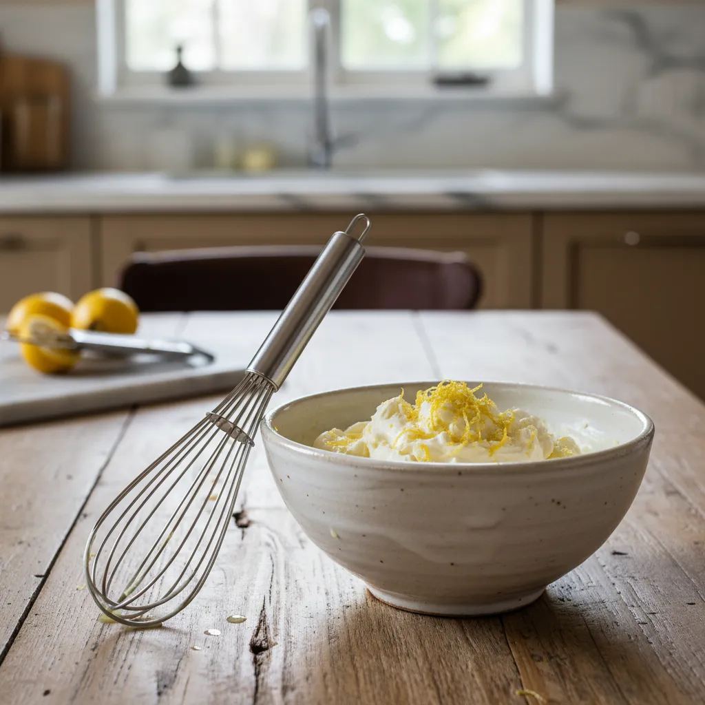 Silver whisk in a ceramic bowl with whipped lemon mascarpone