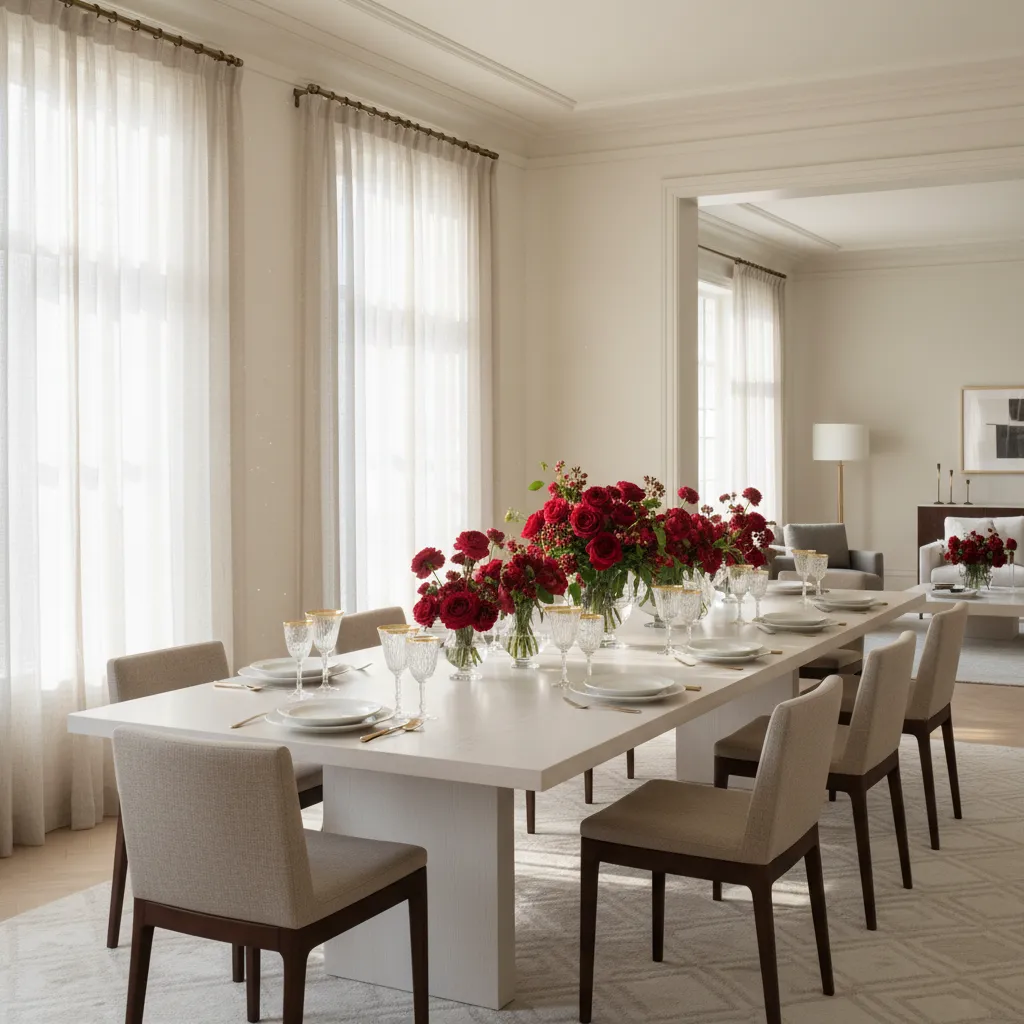 Elegant spring dining room setup with white oak table and red floral centerpieces