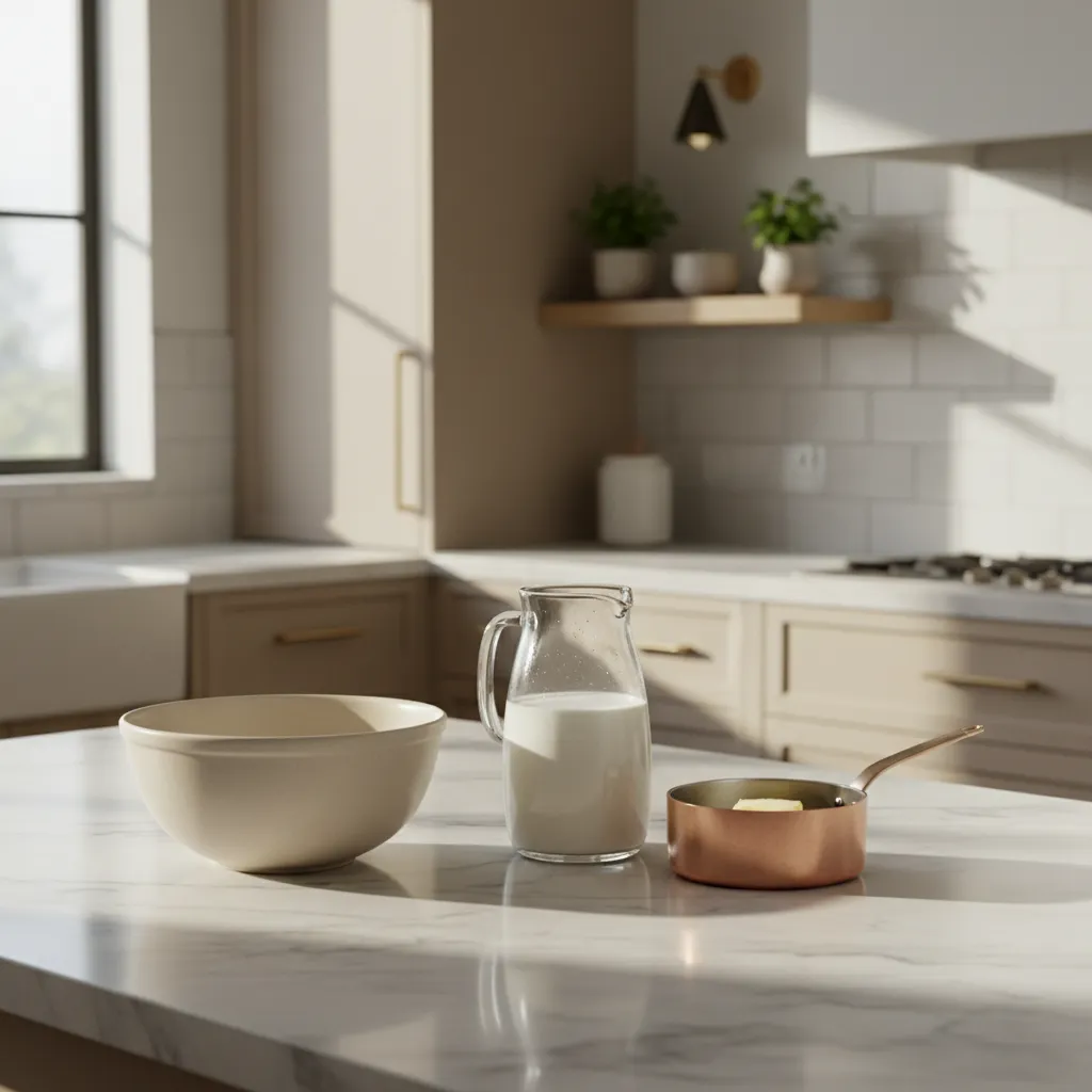 Marble countertop displaying whole milk and melted butter for cake baking