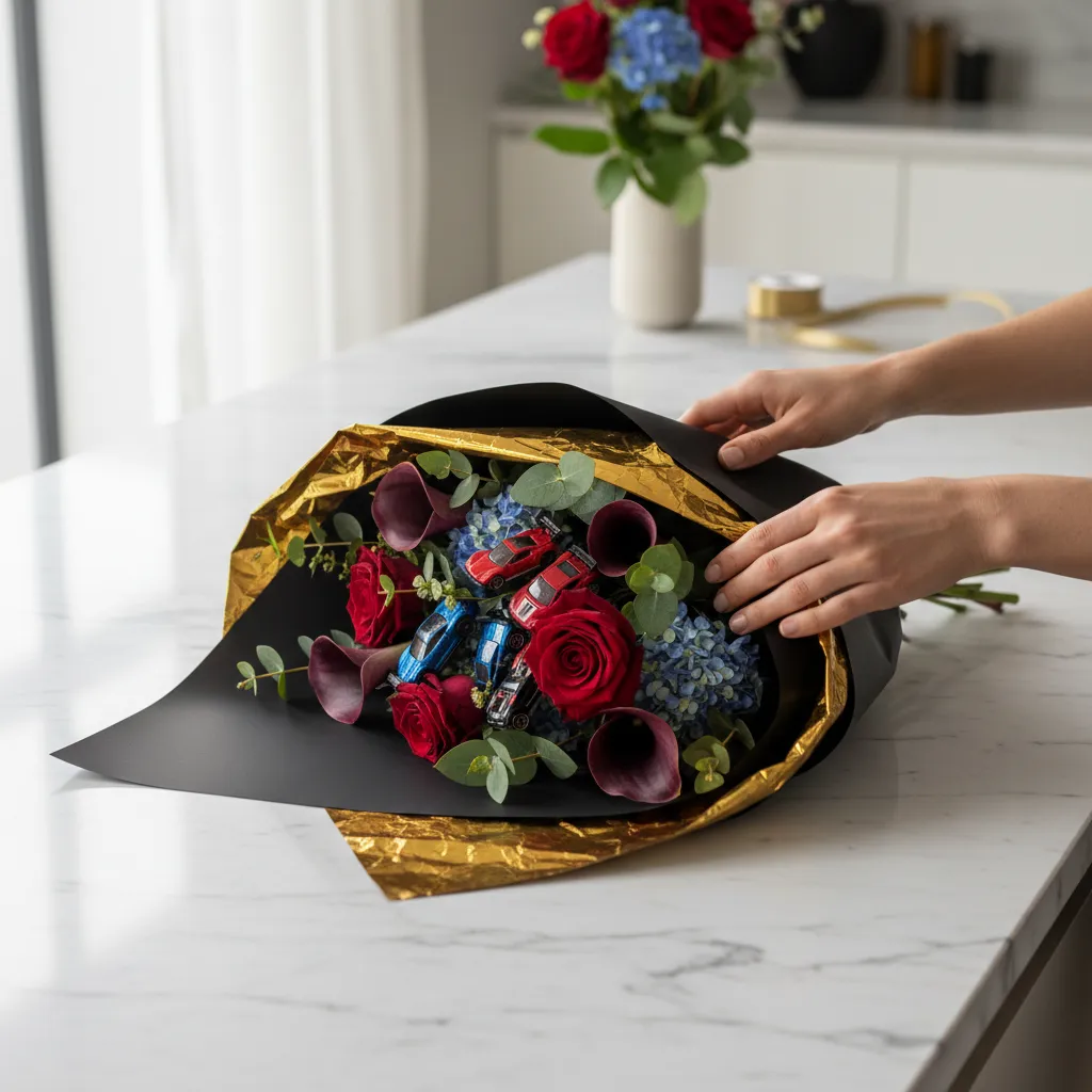 Folding matte black and gold paper around a crafted bouquet