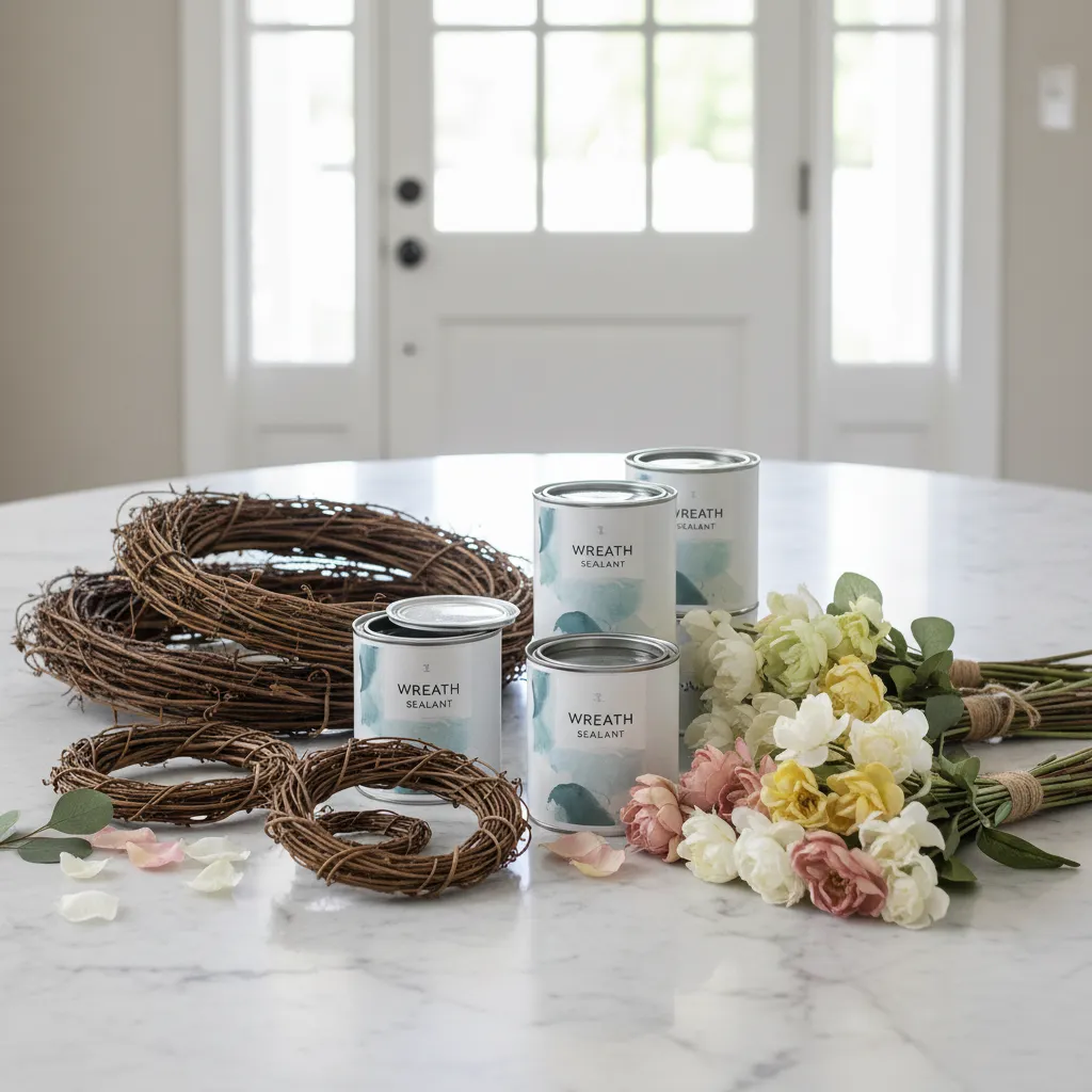 Assortment of craft sealants and floral materials for wreath making