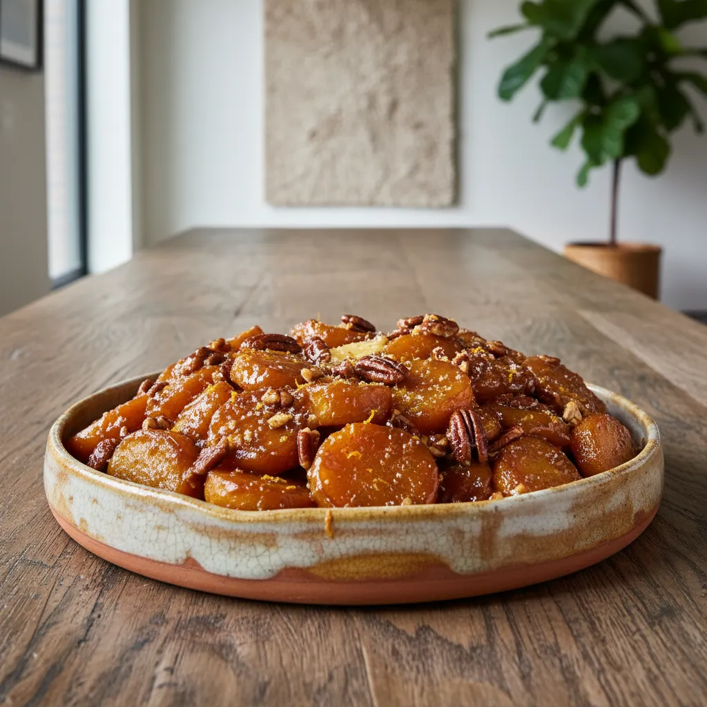 Close up of artisan ceramic serving platter on a wooden dining table.