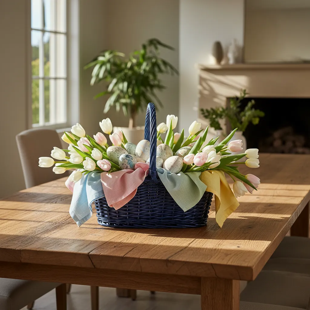 Navy blue wicker basket styled for Easter with spring flowers and ceramic eggs