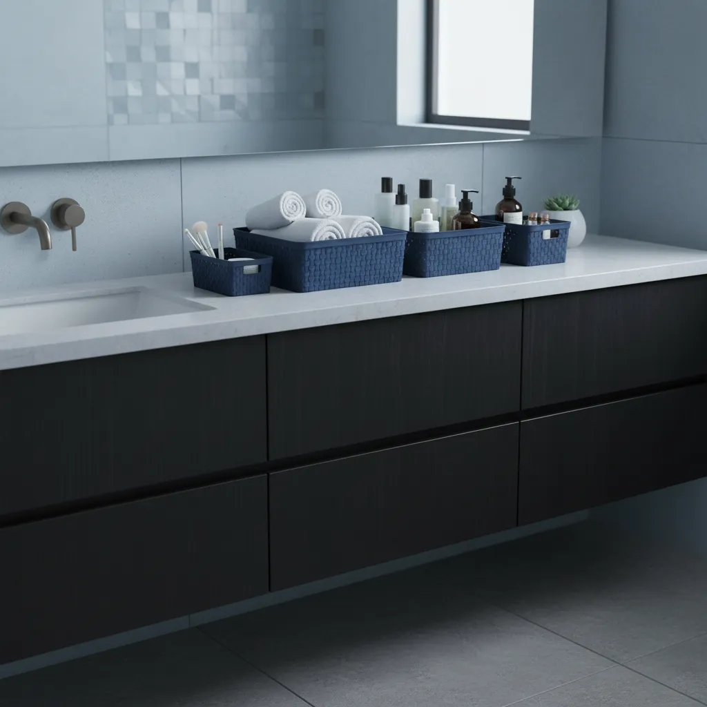 Matte blue plastic baskets organizing bathroom essentials on a vanity