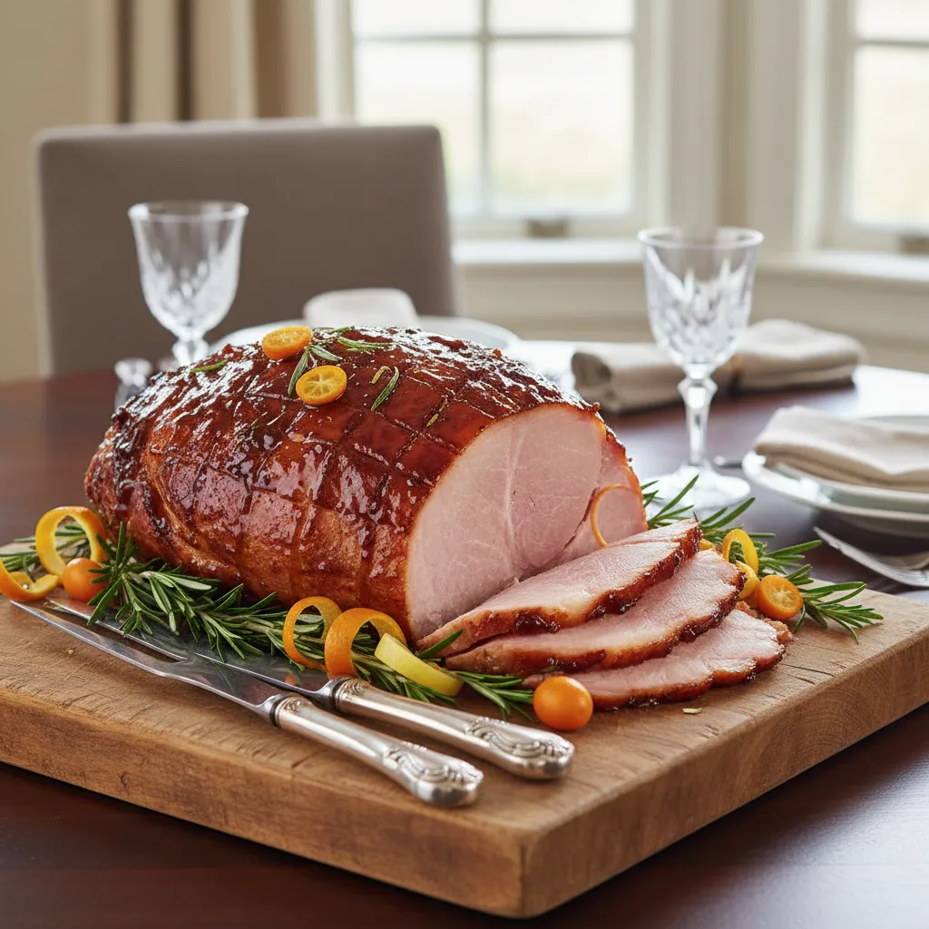 Carved bone-in ham displayed on a wooden board with elegant garnishes