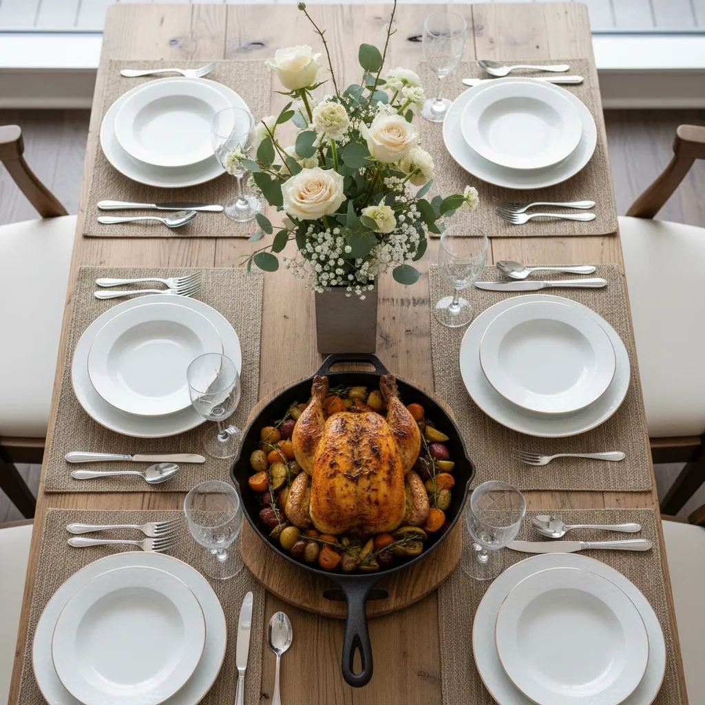 Overhead view of a cast iron pan on an elegant holiday table setting