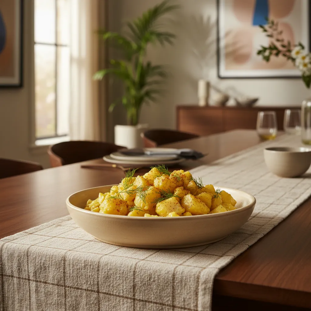 Golden mustard potato salad served in a luxury matte ceramic bowl on a dining table