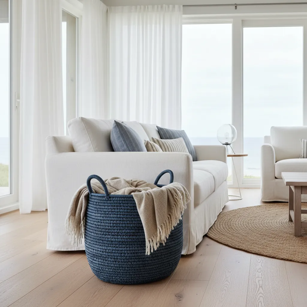 Woven blue basket holding blankets in a bright coastal living room next to a white sofa
