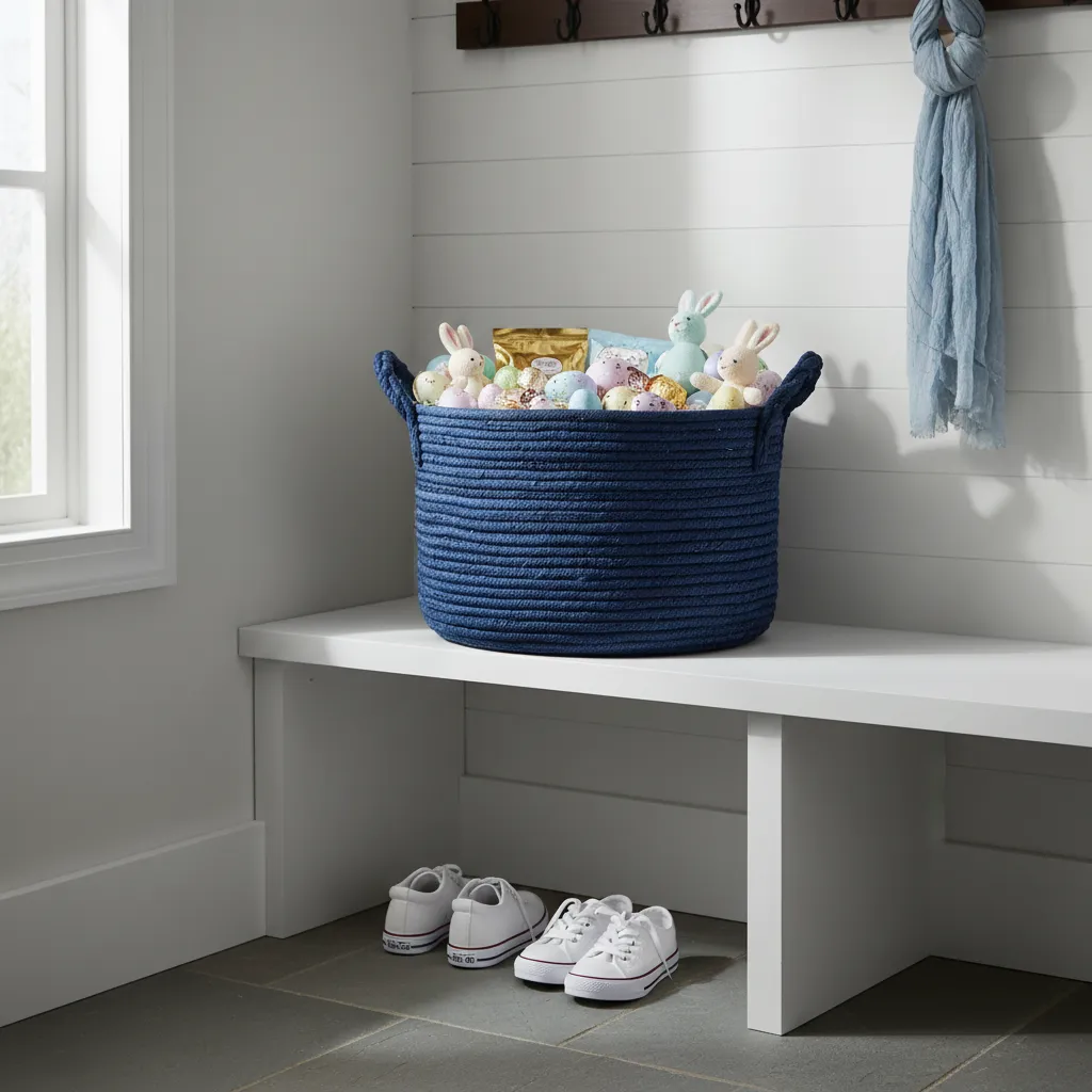 Cobalt blue seagrass basket providing functional storage on a mudroom bench