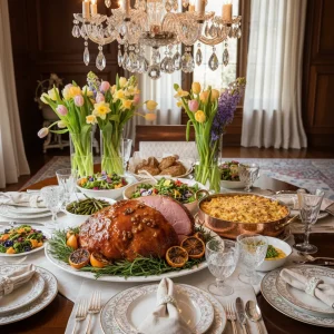 A beautifully styled Easter dinner spread featuring bourbon glazed ham and baked macaroni and cheese on an elegant tablescape.