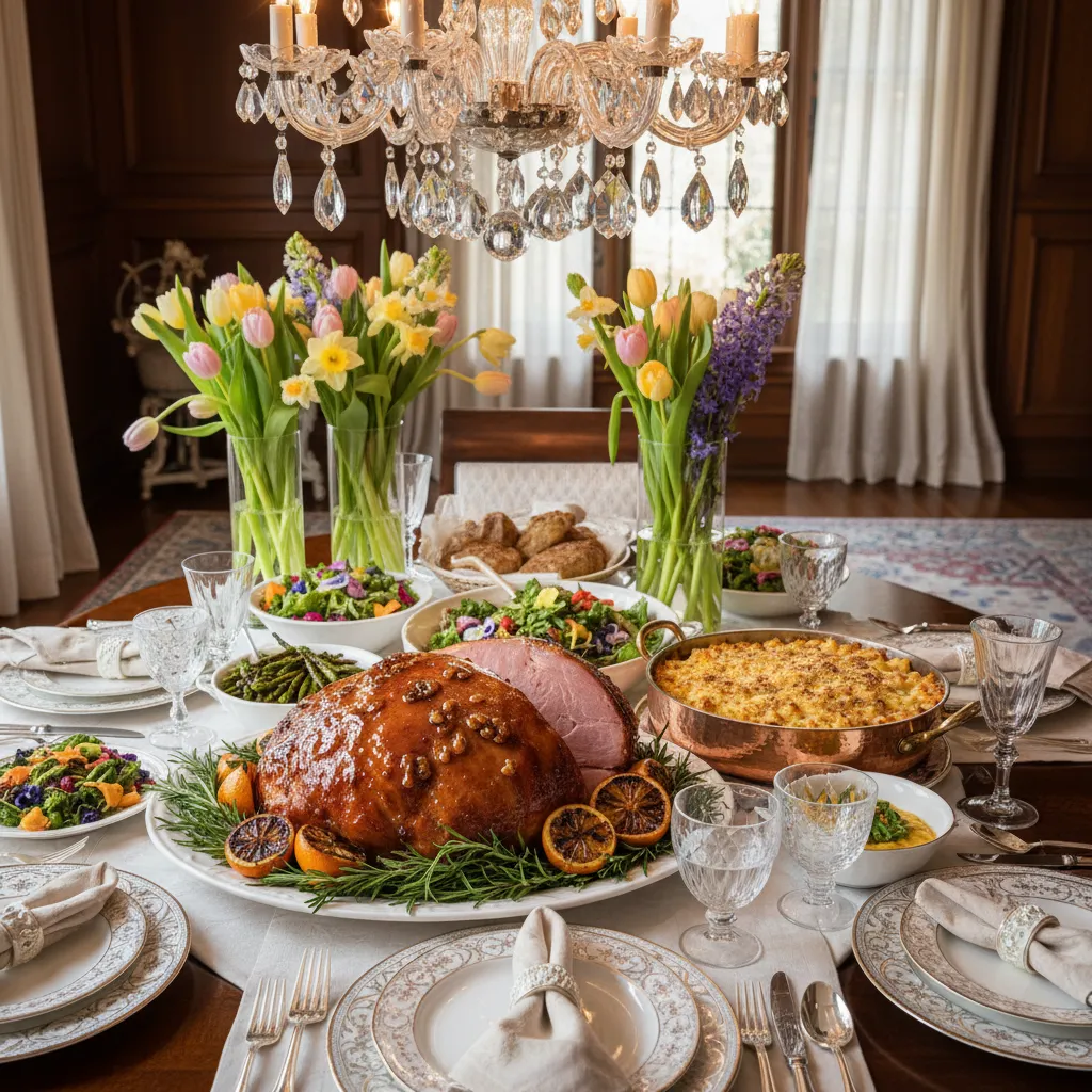 A beautifully styled Easter dinner spread featuring bourbon glazed ham and baked macaroni and cheese on an elegant tablescape.