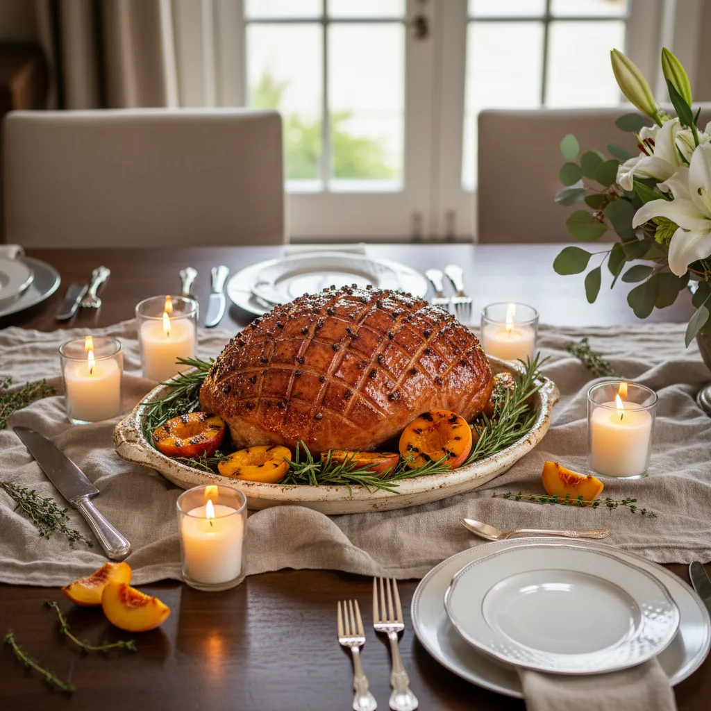 Overhead view of a beautifully garnished glazed ham on a dining table