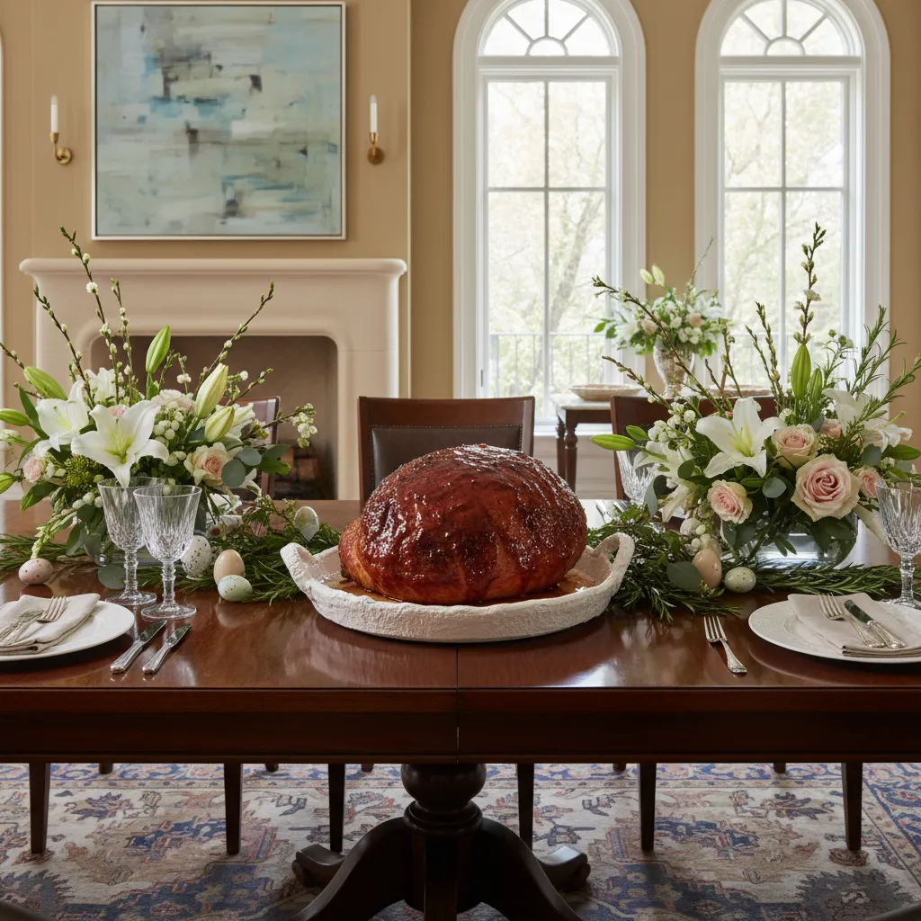 Beautifully styled dining table featuring a honey bourbon glazed ham centerpiece