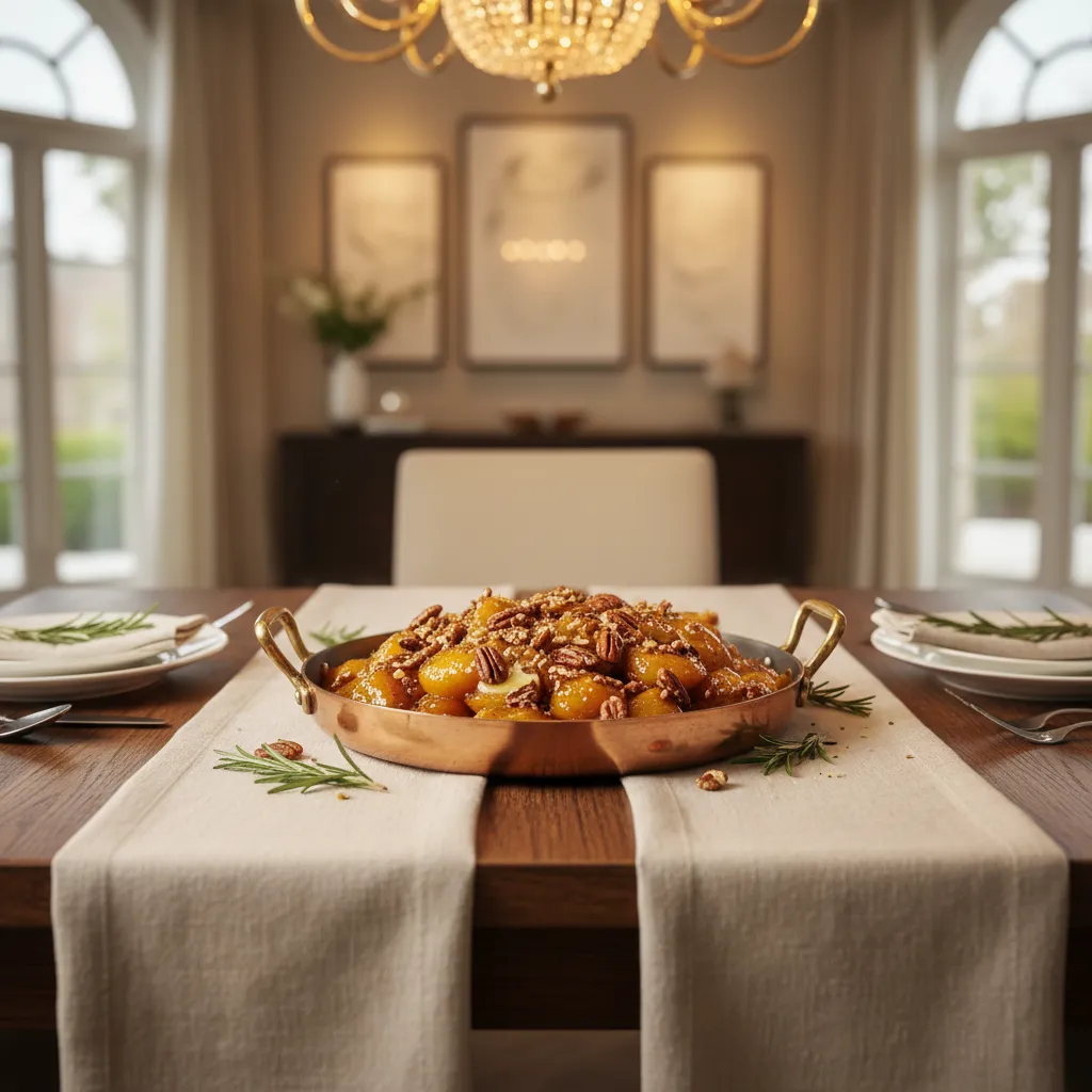 A beautifully styled dining table featuring a copper serving dish of spiced candied yams with pecans.