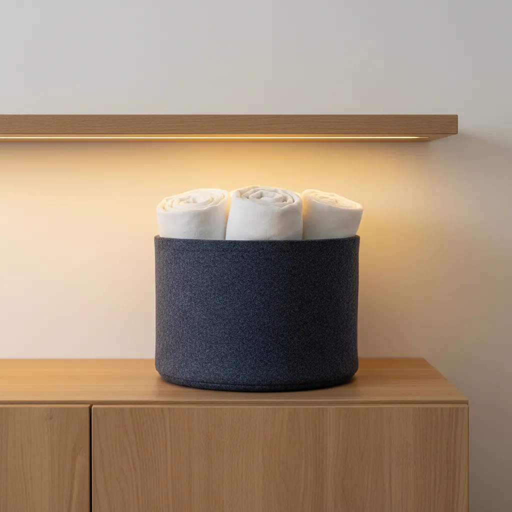Felt navy blue basket organizing rolled blankets in a modern home