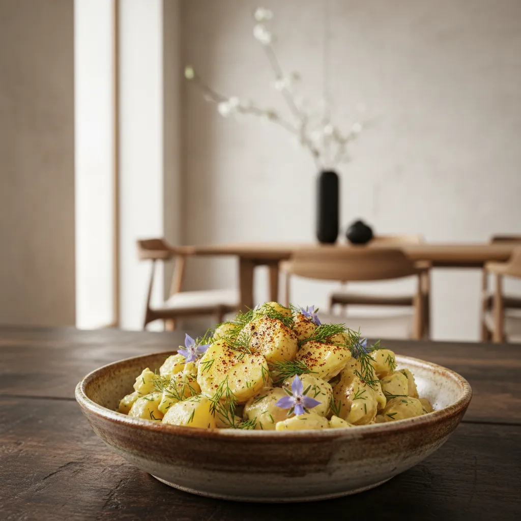 Close up of fresh herbs and paprika garnishing a bowl of potato salad