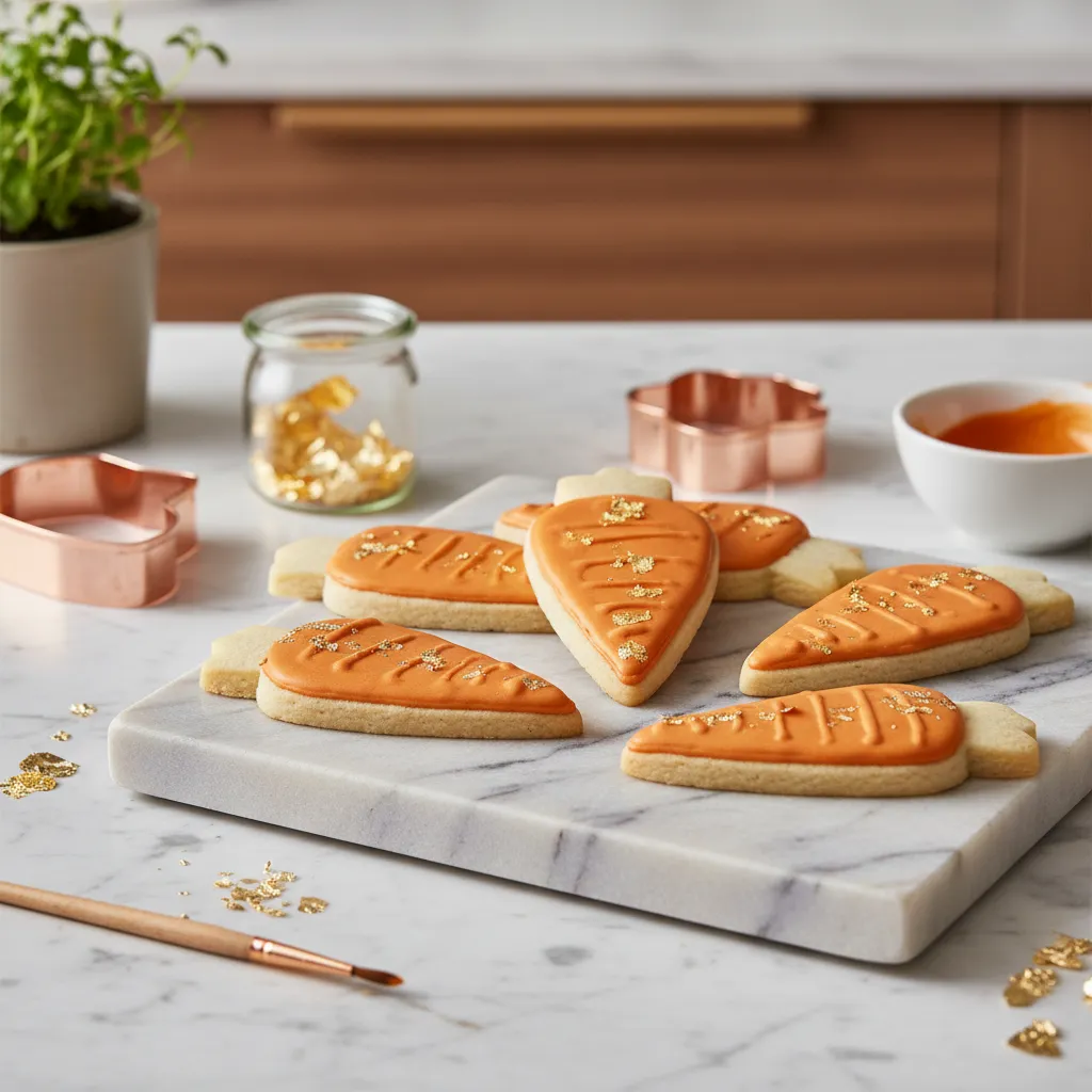 Close-up of elegant carrot-shaped Easter sugar cookies decorated with edible metallic gold leaf on a marble countertop.