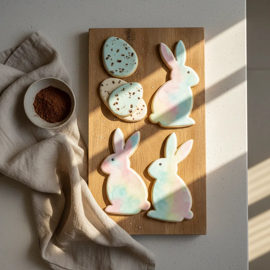 A collection of minimalist speckled egg and watercolor bunny sugar cookies on a rustic wood board.