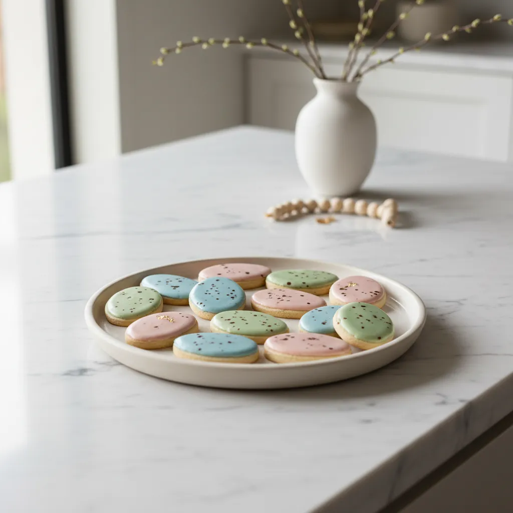 Elegant speckled egg sugar cookies arranged on a matte ceramic platter in a modern kitchen