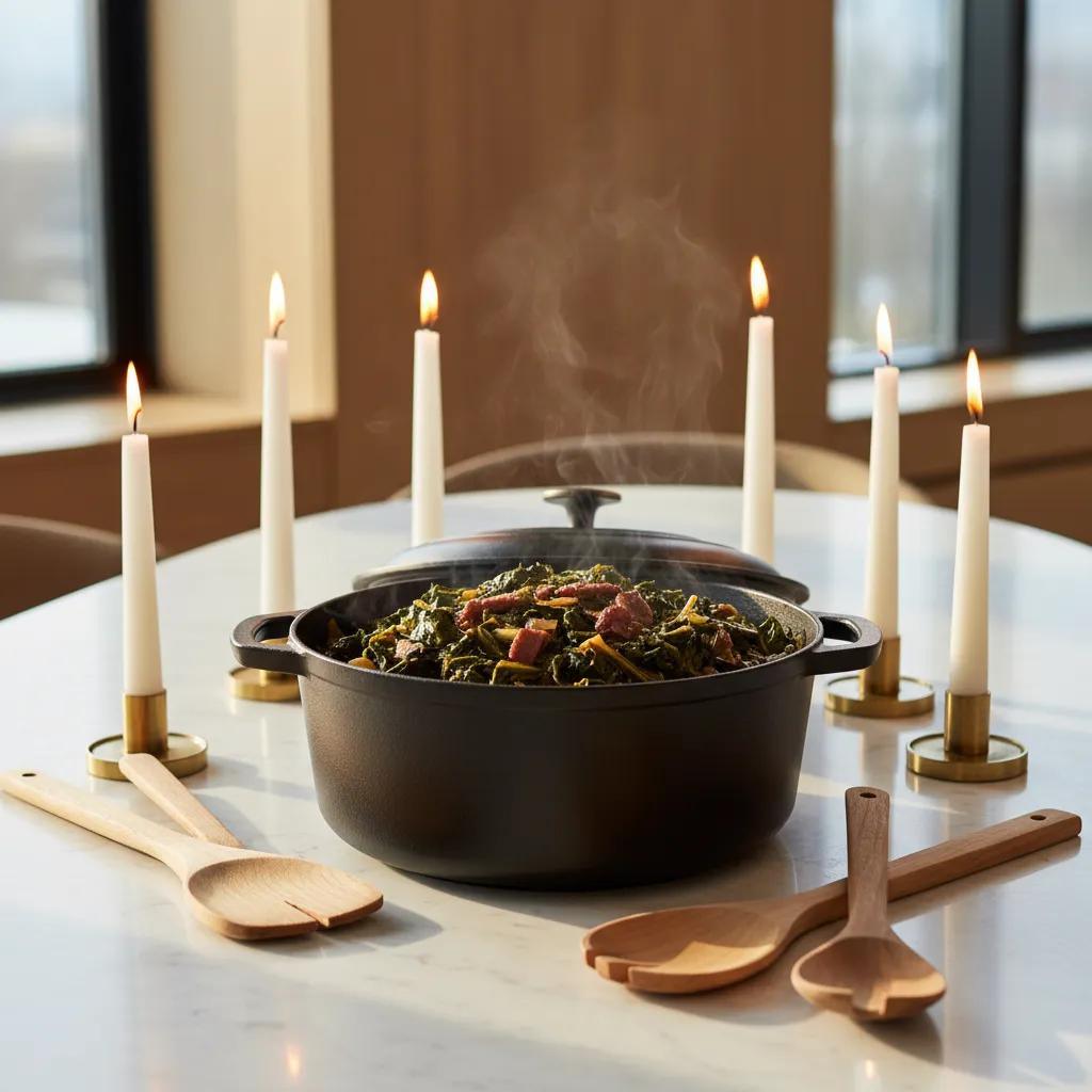 Braised collard greens served in a sleek matte black Dutch oven on a stylish dining table