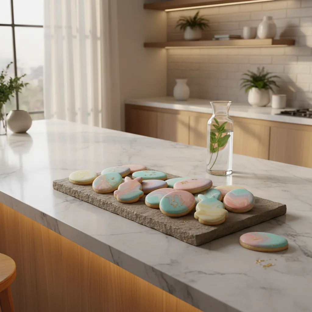 Elegant pastel marble dip-dyed sugar cookies displayed on a modern stone platter in a high-end kitchen