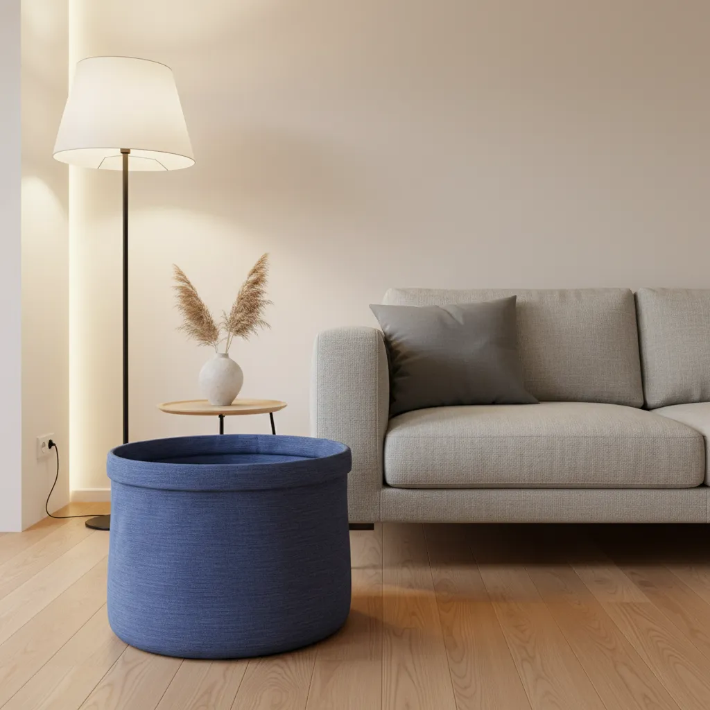 Indigo blue fabric basket sitting on oak hardwood floors in a minimalist living room