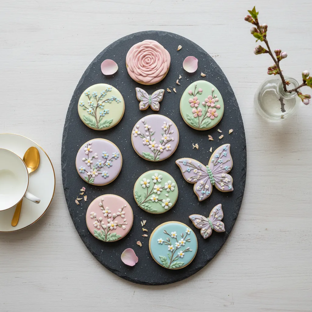 Slate dining table platter displaying royal icing Easter cookies in sophisticated pastel palettes