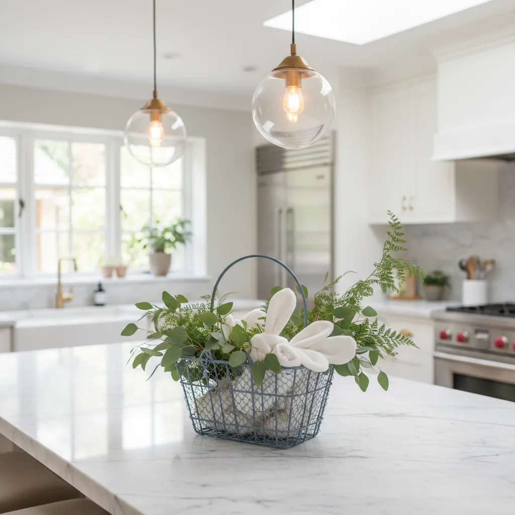 Pastel blue wire basket styled as a spring centerpiece on a marble island