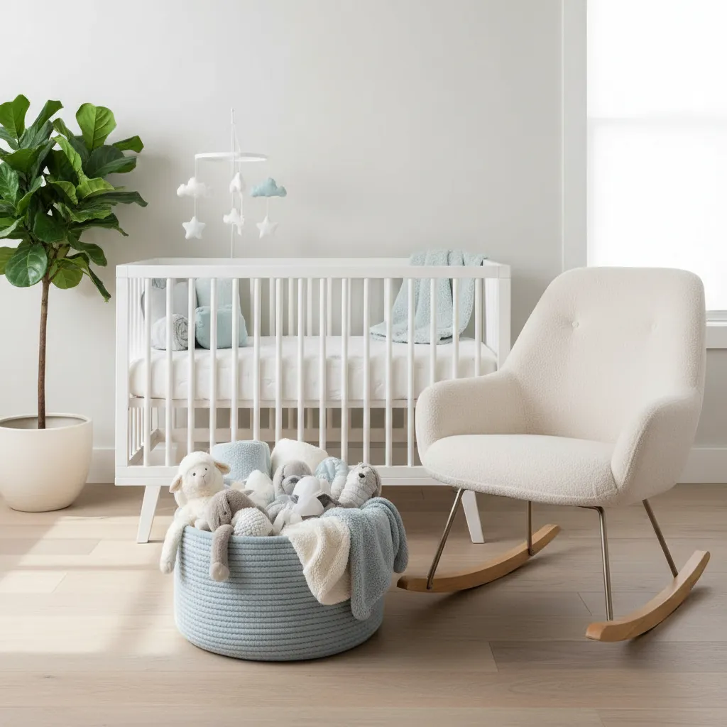 Soft pastel blue basket storing blankets in a serene nursery