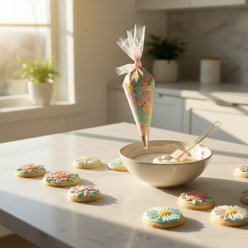 Bowl of smooth pastel royal icing prepared for decorating Easter sugar cookies