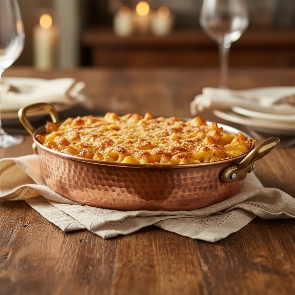 Golden baked macaroni and cheese served in an elegant copper dish on a rustic wooden table