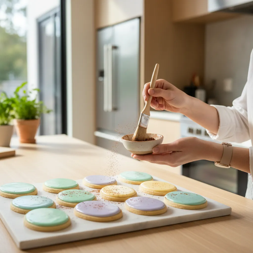 Applying cocoa speckles to pastel sugar cookies using a stiff bristle brush