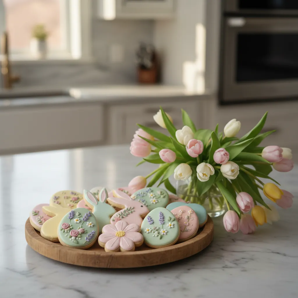 Elegant Easter sugar cookies decorated with delicate royal icing florals on a wooden platter