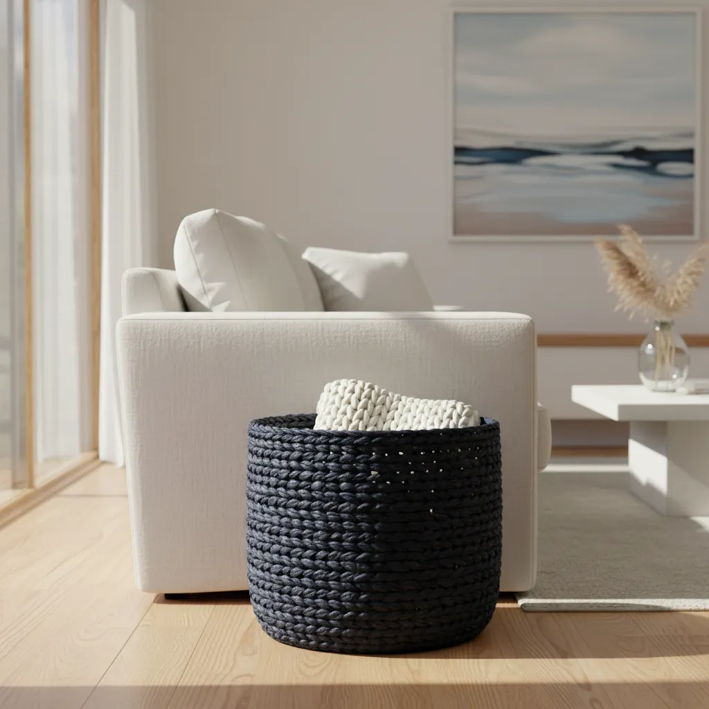 A large navy blue woven seagrass basket filled with a cream throw blanket in a bright coastal living room.