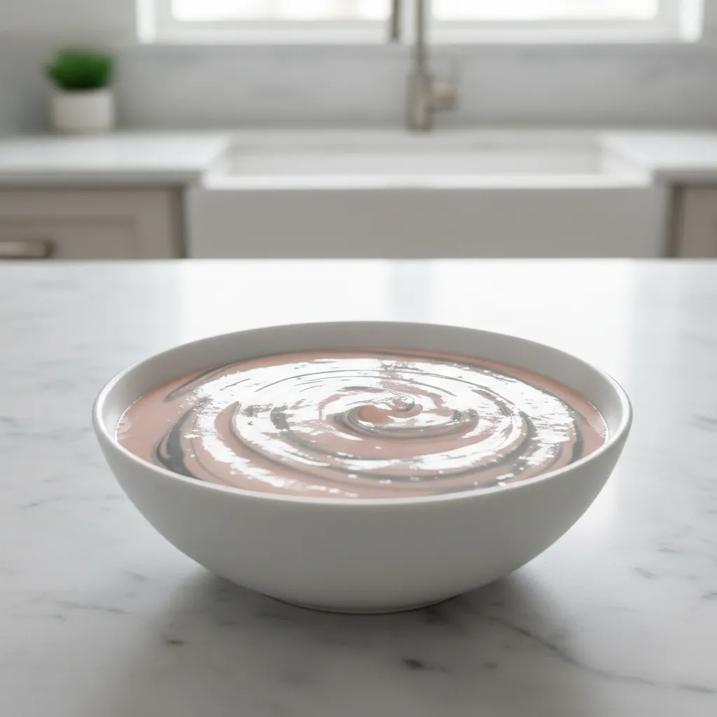 Close up of glossy royal icing swirled in pastel tones inside a minimalist ceramic bowl