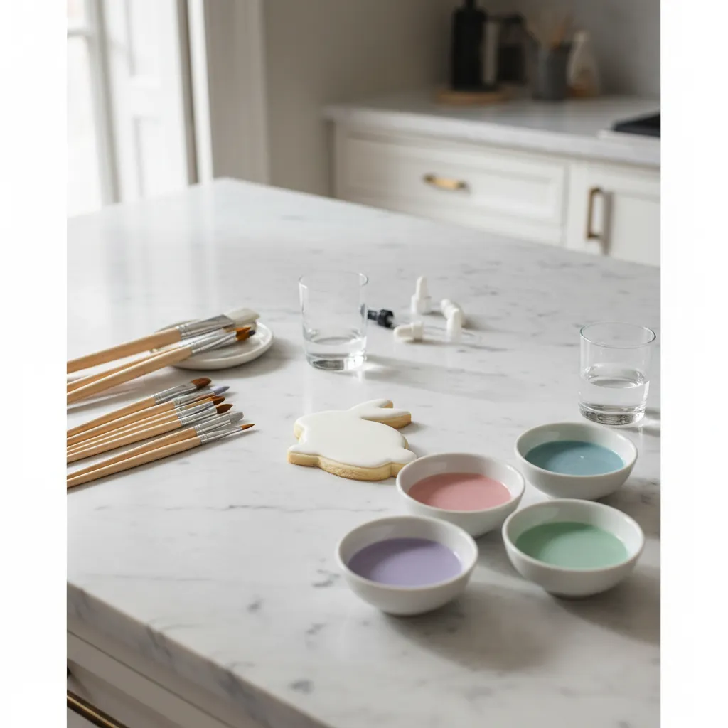 Painting tools and pastel food coloring for decorating Easter bunny cookies