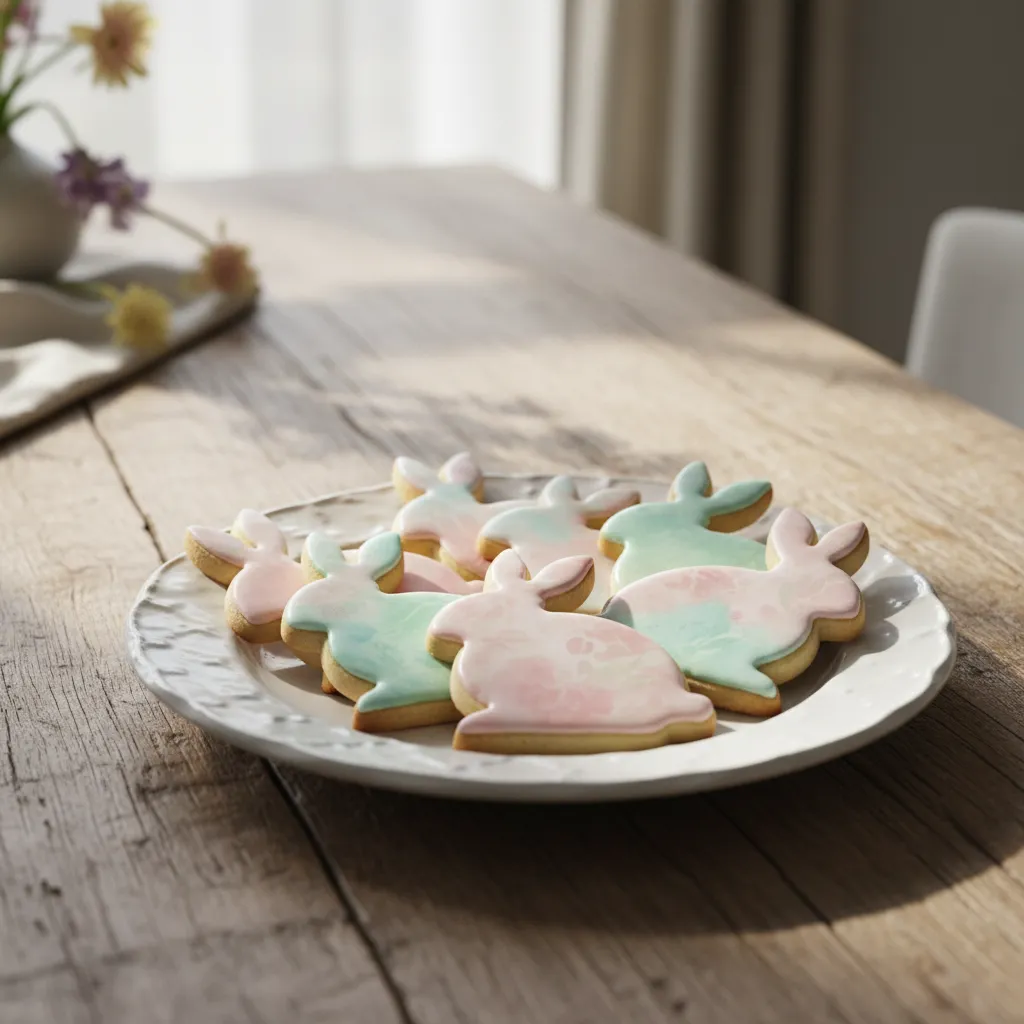Elegant pastel watercolor bunny cookies on a ceramic plate
